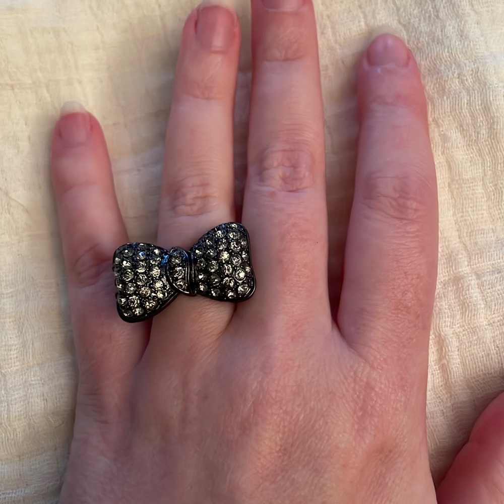 Gunmetal and Crystal bow ring size 6